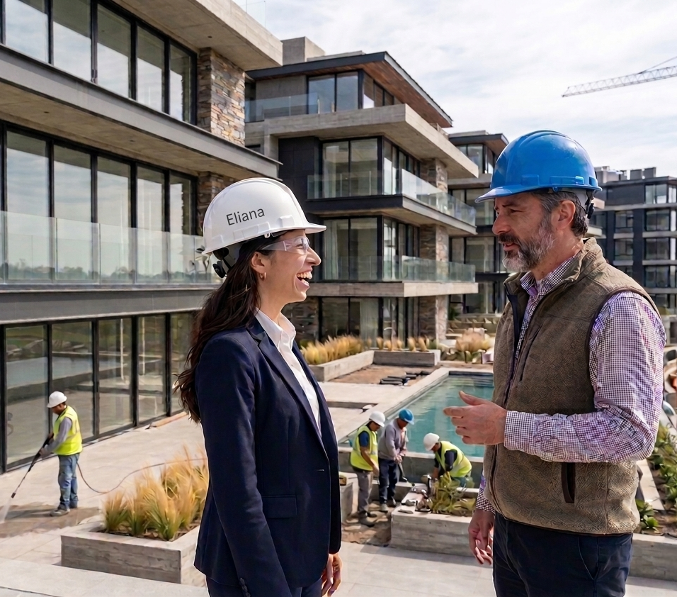 Eliana talking with the architect at the new construction for investment in Argentina Eliana talking with the architect at the new construction for investment in Argentina